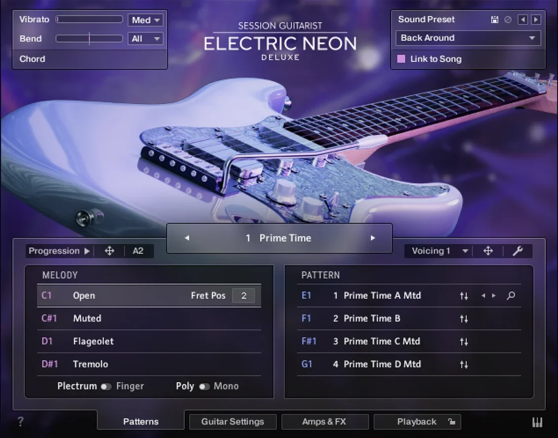 Native Instruments「Session Guitarist - Electric Neon Deluxe」EDMやモダンポップに映えるエレキギターを即戦力で導入！パターン＆メロディ演奏、フィンガー・アーティキュレーション、30種類のFX／アンプチェイン、240パターンを収録したギター音源｜DTMプラグインセール