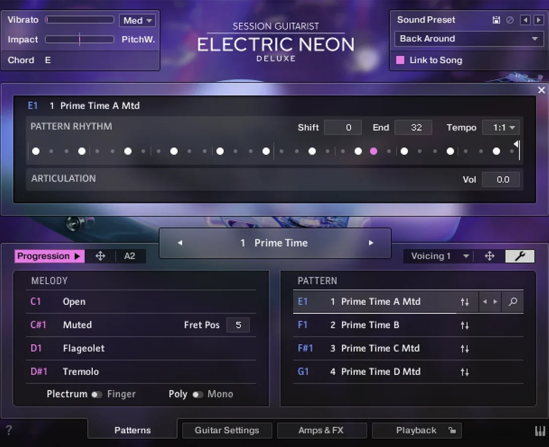 Native Instruments「Session Guitarist - Electric Neon Deluxe」EDMやモダンポップに映えるエレキギターを即戦力で導入！パターン＆メロディ演奏、フィンガー・アーティキュレーション、30種類のFX／アンプチェイン、240パターンを収録したギター音源｜DTMプラグインセール