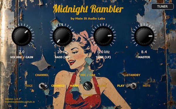 Main St Audio Labs「Midnight Rambler」ヴィンテージTweed 5E3サウンドを再現するNAM搭載アンプシミュレーター｜DTMプラグインセール