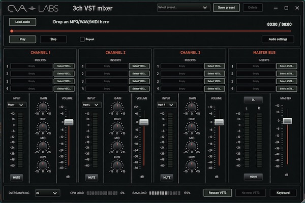 CVA Labs「3-Channel Mixer」3つの音声をシンプルにまとめてミックスできる、ゼロレイテンシー対応の軽量オーディオミキサープラグイン|DTMプラグインセール