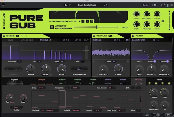 Arturia「Pure Sub」サブベースを作るためだけに設計された専用シンセ!Sub・Harmonics・Textureを個別にデザインし、40種類以上のフィルターとSub Processorでクリーンな808からワイドなReeseまで完成されたローエンドを素早く作れるベースシンセサイザー|DTMプラグインセール