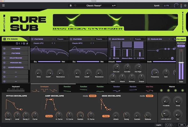 Arturia「Pure Sub」サブベースを作るためだけに設計された専用シンセ!Sub・Harmonics・Textureを個別にデザインし、40種類以上のフィルターとSub Processorでクリーンな808からワイドなReeseまで完成されたローエンドを素早く作れるベースシンセサイザー|DTMプラグインセール