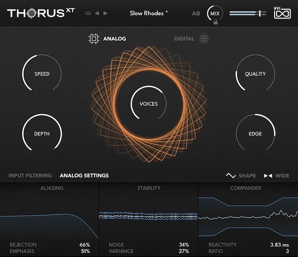 UVI「Thorus XT」クリーンで精密なデジタルエンジンとBBD回路をモデリングした温かく個性的なアナログエンジンを統合した8ボイス・コーラス｜DTMプラグインセール