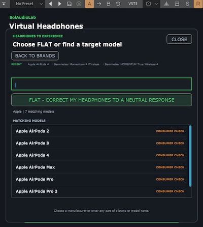 SolAudioLab「Virtual Headphones」330種類のヘッドホンと408種類の比較対象を切り替えながら音の違いを確認できるモニタリングプラグイン|DTMプラグインセール