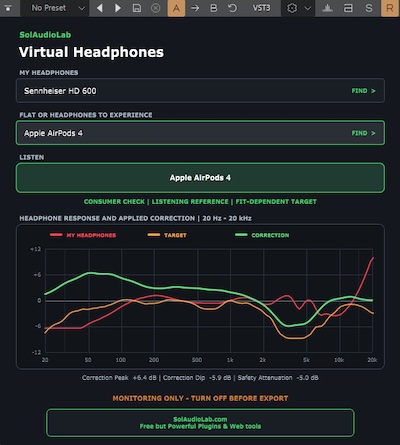 SolAudioLab「Virtual Headphones」330種類のヘッドホンと408種類の比較対象を切り替えながら音の違いを確認できるモニタリングプラグイン|DTMプラグインセール