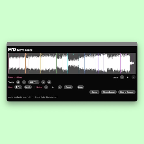 MID「Ableton Move Loop Slicer」Ableton Move用ループを最大8個まで自動作成し、プレビュー編集やWAV書き出しにも対応した便利なツール｜DTMプラグインセール