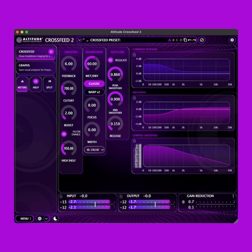 Altitude Audio「Crossfeed 2」ヘッドホン特有の定位を自然に補正し、FFT・スペクトログラム・ラウドネスメーターで音を見ながら調整できるクロスフィードプラグイン｜DTMプラグインセール