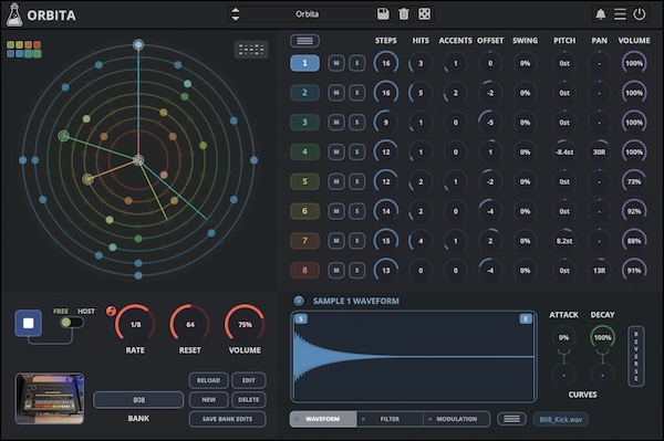 AudioThing「Orbita」円形ユークリッド・シーケンサー、Steps・Hits・Accents・Offset・Swingを操って予測不能で催眠的なグルーヴを生み出すドラムマシン｜DTMプラグインセール