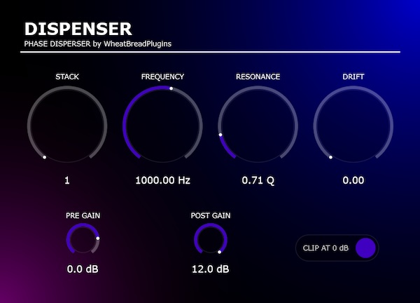 wheatBread1306「Dispenser」最大8段のオールパスフィルターとAVX2による高速並列処理を採用したステレオフェーズディスパーサー｜DTMプラグインセール