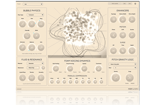 NOMN「FOAM」泡の物理現象をリアルタイムでシミュレーションして音を生成する、新発想のフィジカルモデリングシンセ！水しぶき・炭酸・沸騰音など自然な液体サウンドを作れる音源｜DTMプラグインセール