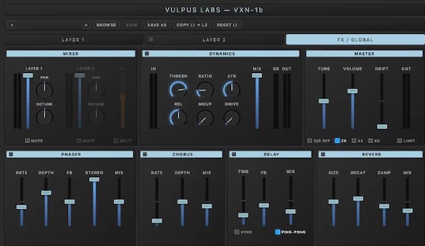Vulpus Labs「VXN1b」2レイヤー構成と16スロットのモジュレーションマトリクスを搭載した、自由度の高いポリフォニック・サブトラクティブシンセ|DTMプラグインセール