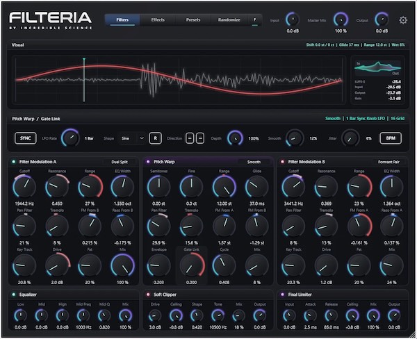 Incredible Science「Filteria」フィルター・ピッチワープ・LFOを自由に組み合わせて動きのあるサウンドを作れるモジュラー型エフェクトプラグイン｜DTMプラグインセール