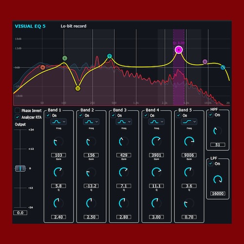 Lo-bit record「Visual EQ 5」リアルタイムスペクトラムアナライザーで周波数を見ながら調整できる軽量5バンドパラメトリックEQ｜DTMプラグインセール