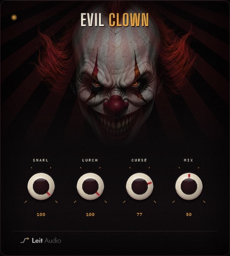 Leit Audio「Evil Clown」シンセ・ギター・ボーカル・ドラムを壊れたスピーカーのような荒々しい質感へ変化させる、ホラーやサウンドデザインに最適なオーディオエフェクト｜DTMプラグインセール