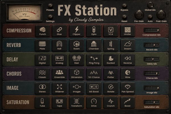 Cloudy Samples「Fx Station」36種類のエフェクトと豊富なビジュアル分析ツールを搭載し、ミックス・マスタリング・サウンドデザインまで幅広く対応するオールインワン・マルチエフェクトプラグイン｜DTMプラグインセール