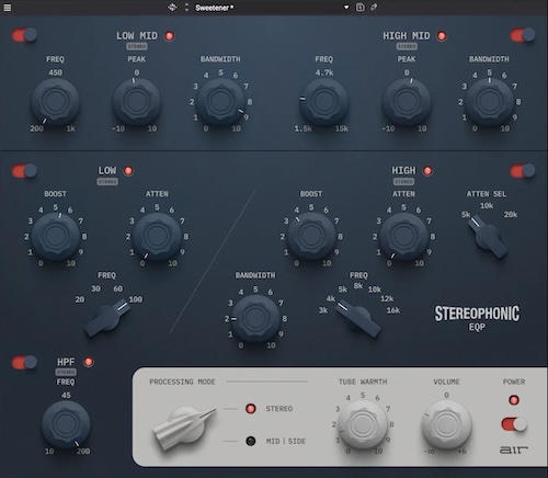 AIR Music Technology「Stereophonic EQP」Pultecスタイルの音楽的なEQカーブにMid/Side処理やTube Warmthを搭載し、ミックスからマスタリングまで幅広く活躍するEQプラグイン｜DTMプラグインセール