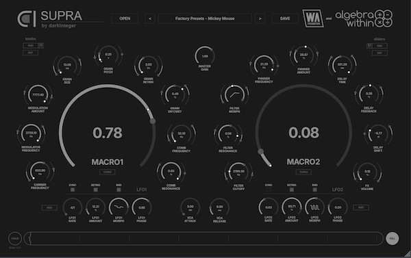 W. A. Production「Supra」アナログの揺らぎ、FMの倍音、グラニュラーの崩壊、ピッチシフト・ディレイの残響を融合!6つのDSPモジュールで音を段階的に変貌させるモノフォニックシンセ|DTMプラグインセール