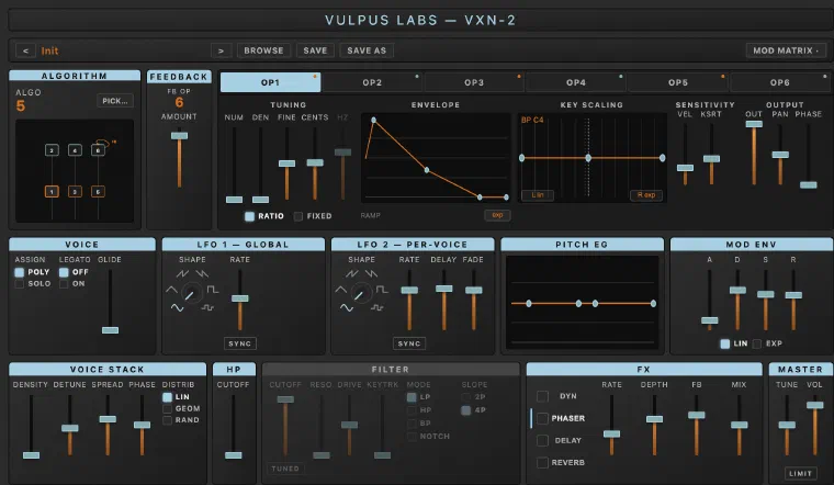 Vulpus Labs「VXN2」6オペレーターFM音源・最大8ボイススタック・16スロットのモジュレーションマトリクスを搭載した高機能FMシンセ｜DTMプラグインセール