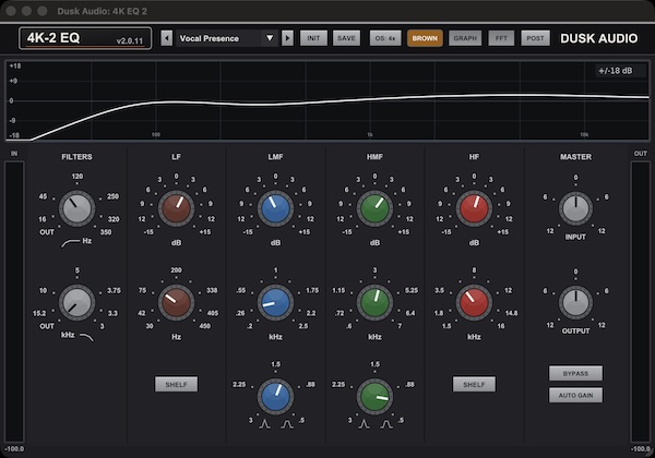 Dusk Audio「4K EQ 2」Brown・Blackの2種類のEQボイシングを搭載し、音楽的な音作りができる4バンドEQプラグイン｜DTMプラグインセール