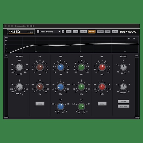 Dusk Audio「4K EQ 2」Brown・Blackの2種類のEQボイシングを搭載し、音楽的な音作りができる4バンドEQプラグイン｜DTMプラグインセール