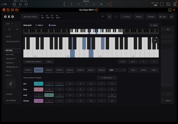 OXO Music「Oxo Steps」1つのコードからベース・コード・アルペジオなど複数のフレーズを生成し、コード変更だけで全体が連動するMIDIステップシーケンサー｜DTMプラグインセール