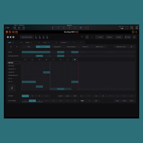 OXO Music「Oxo Steps」1つのコードからベース・コード・アルペジオなど複数のフレーズを生成し、コード変更だけで全体が連動するMIDIステップシーケンサー｜DTMプラグインセール
