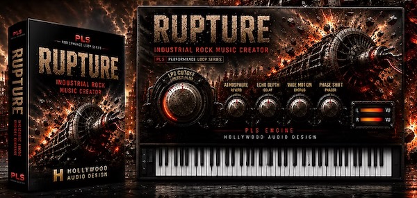 Hollywood Audio Design「Rupture for Kontakt」重厚なドラムや歪んだギター、機械的なリズムを収録したシネマティックなインダストリアルロック音源|DTMプラグインセール