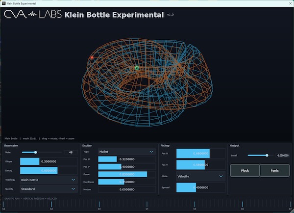 CVA Labs「Klein Bottle Experimental」クラインの壺やメビウスの帯を音響共鳴体として利用できる、実験的な物理モデリングシンセサイザー｜DTMプラグインセール