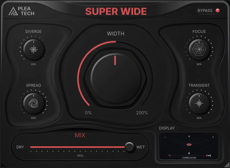 Pleatech Audio「SUPER WIDE」音を大きく広げてもモノラルで崩れにくいステレオ空間を作れるステレオイメージャープラグイン｜DTMプラグインセール