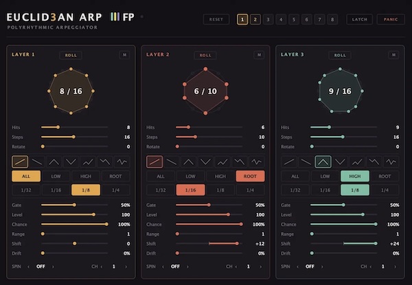 François Pé「EUCLID3AN ARP」コードを押さえるだけで3つの独立したユークリッドリズムを生成し、複雑なポリリズムやアルペジオを作成できるMIDIアルペジエーター|DTMプラグインセール