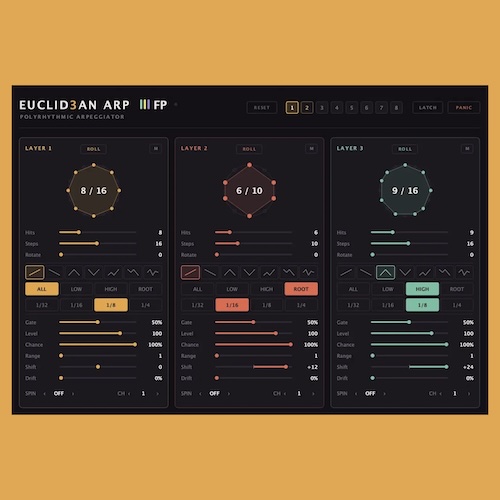François Pé「EUCLID3AN ARP」コードを押さえるだけで3つの独立したユークリッドリズムを生成し、複雑なポリリズムやアルペジオを作成できるMIDIアルペジエーター｜DTMプラグインセール