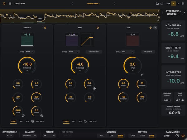 SoundHive「End Game」音圧を1台のリミッターだけで稼ぐのではなく、Enhance→Clip→Limitの3段階に分散してパンチ・低域・空間を守るオールインワン・マスタリングプラグイン|DTMプラグインセール