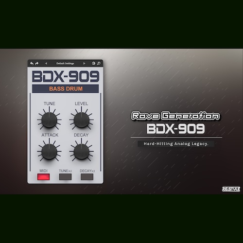 Rave Generation「BDX-909」TR-909ベースドラムを回路レベルで忠実に再現し、24種類のチューニングやリアルタイムクリッピングで自由な音作りが楽しめるキックドラム専用プラグイン｜DTMプラグインセール