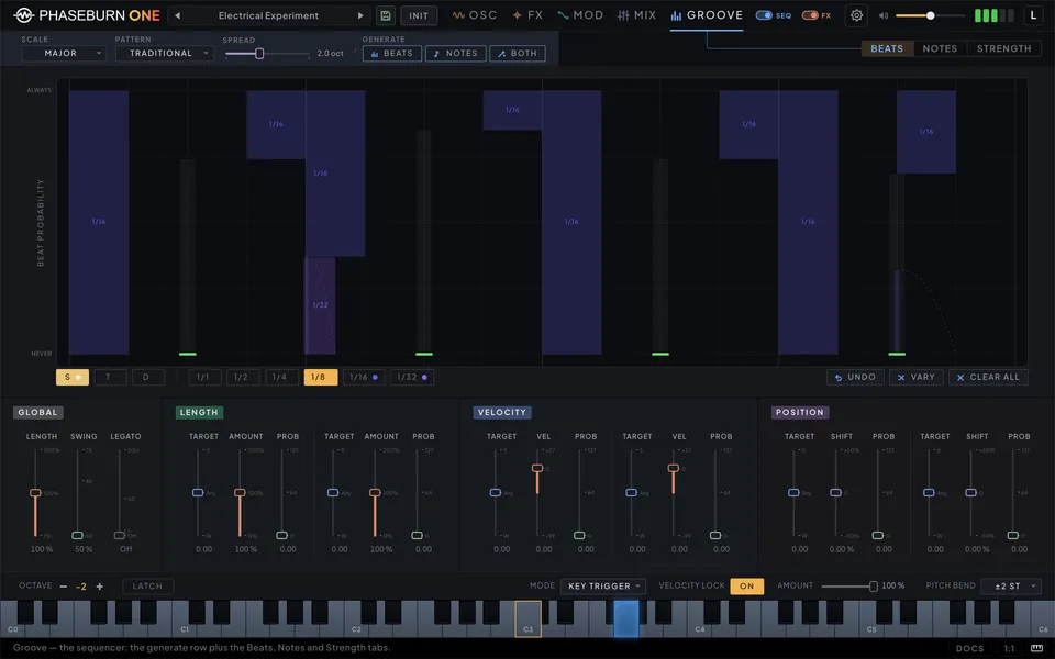 Phaseburn Music「Phaseburn One（Beta）」独自のPLLオシレーターと確率シーケンサーを搭載し、シンセ・エフェクト・MIDIシーケンサーとして活躍するグルーブシンセ｜DTMプラグインセール