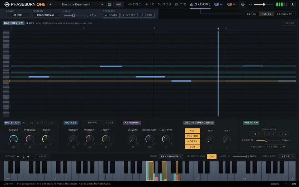Phaseburn Music「Phaseburn One（Beta）」独自のPLLオシレーターと確率シーケンサーを搭載し、シンセ・エフェクト・MIDIシーケンサーとして活躍するグルーブシンセ｜DTMプラグインセール
