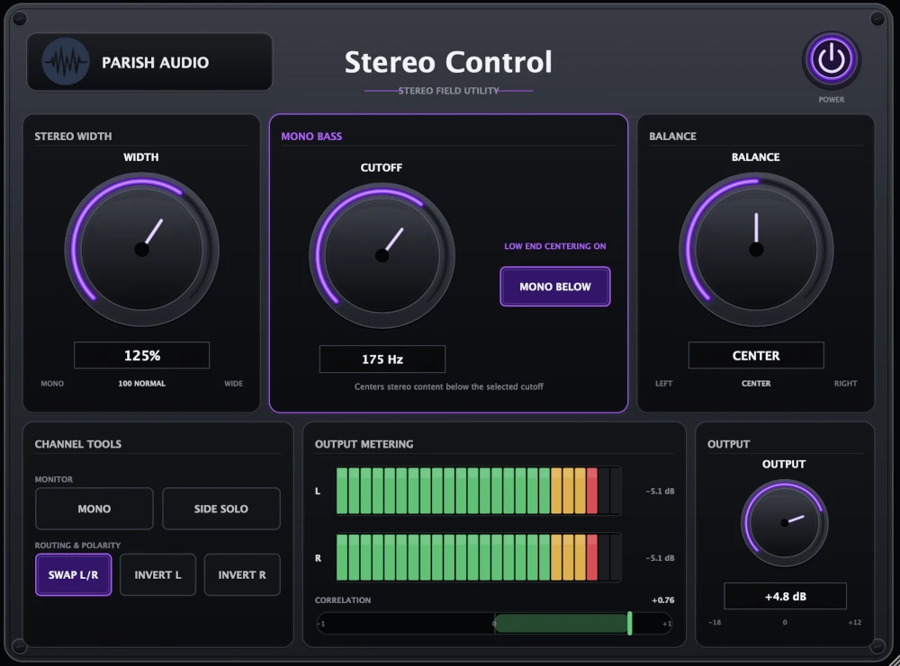 Parish Audio「Stereo Control」ステレオ幅の調整からMono Bassによる低域のセンター化、モノラル互換性・位相チェックまで1つで行える無料VST3プラグイン|DTMプラグインセール