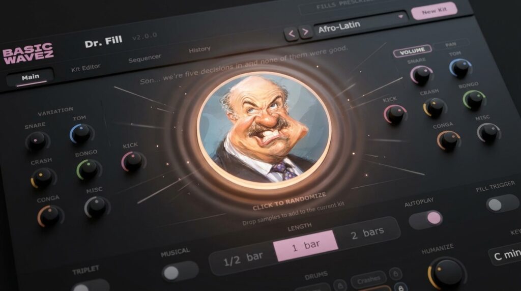 Basic Wavez「Dr. Fill」ワンクリックで自然なドラムフィルを自動生成し、オリジナルサンプルやMIDI書き出しにも対応したドラムフィル制作プラグイン|DTMプラグインセール