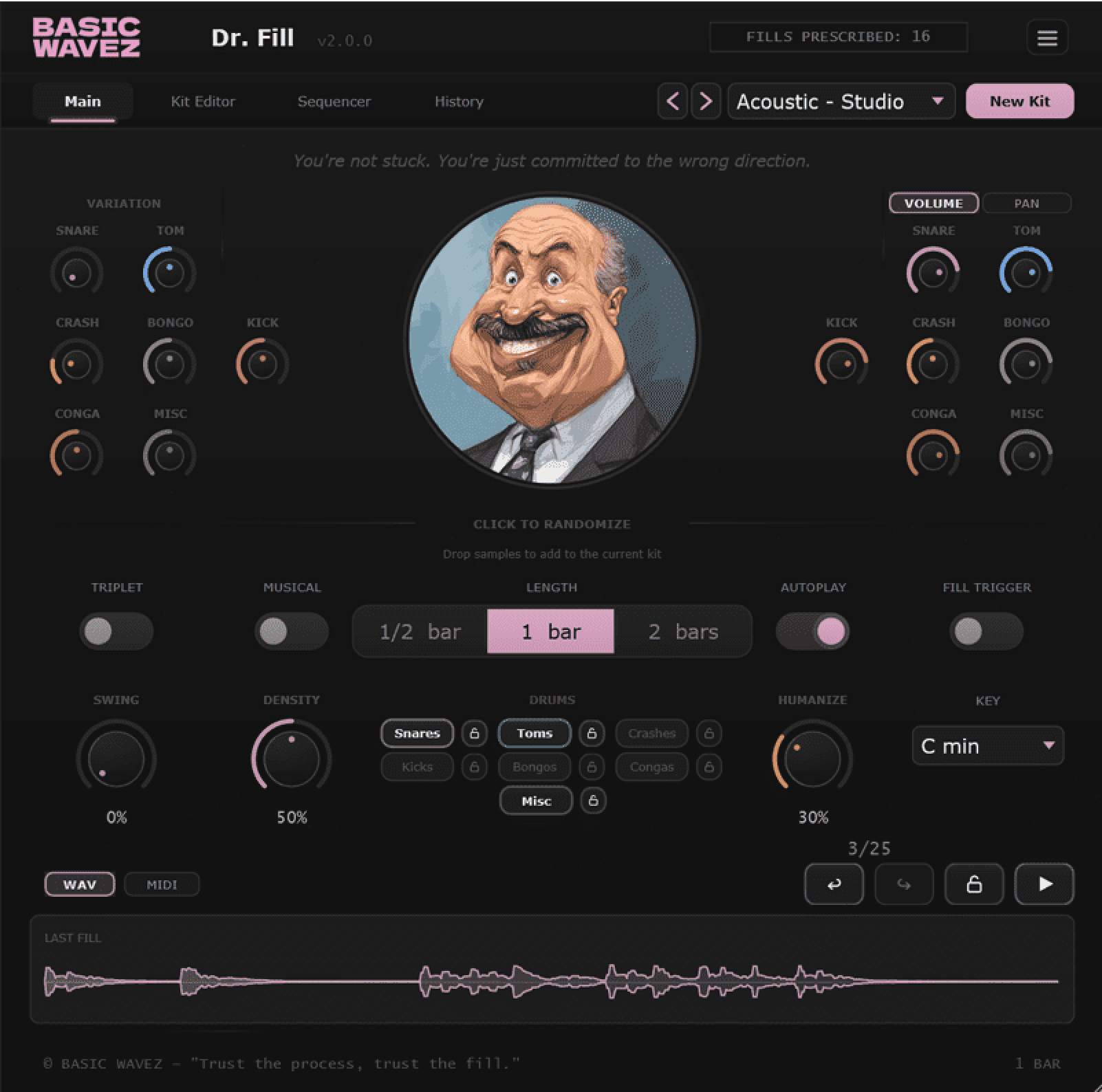 Basic Wavez「Dr. Fill」ワンクリックで自然なドラムフィルを自動生成し、オリジナルサンプルやMIDI書き出しにも対応したドラムフィル制作プラグイン|DTMプラグインセール