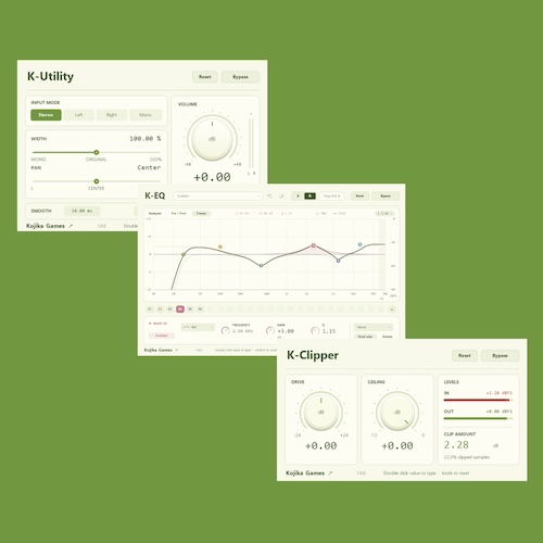 Kojika Games「K-Utility、K-EQ、K-Clipper」音量調整・24バンドEQ・ハードクリッピングを手軽に行える無料オーディオプラグイン｜DTMプラグインセール