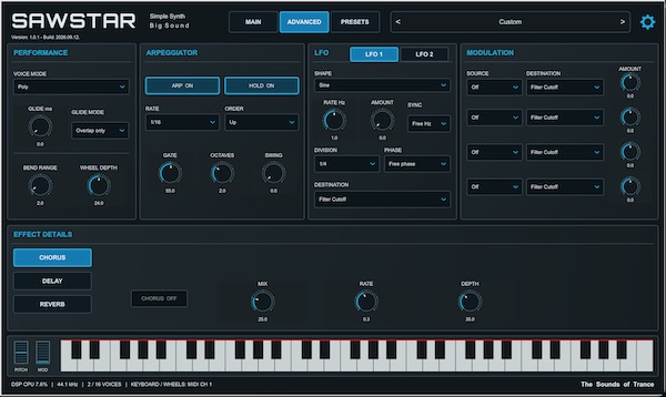RobCZart「SAWSTAR」最大7レイヤーのユニゾンやLFO、内蔵エフェクト、豊富なプリセットを搭載したVST3シンセサイザー|DTMプラグインセール