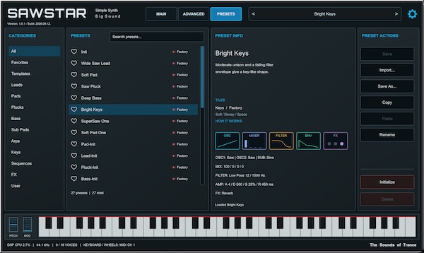 RobCZart「SAWSTAR」最大7レイヤーのユニゾンやLFO、内蔵エフェクト、豊富なプリセットを搭載したVST3シンセサイザー|DTMプラグインセール