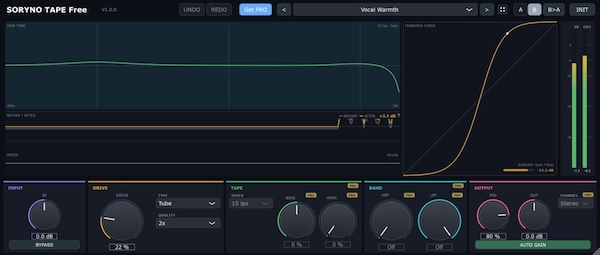 Pinzu「SORYNO TAPE Free」テープ・Tube・Transformerの3種類のサチュレーションを搭載し、音の変化を視覚的に確認できる無料プラグイン｜DTMプラグインセール