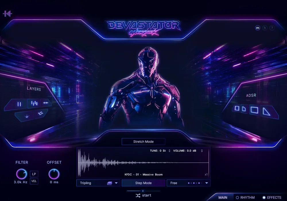 Keepforest「Devastator – Cyberpunk Pro」トレーラー級の重量感とインダストリアルな荒々しさを、Drum & Bass・Dubstep・Midtempoへ融合！4,650以上のサウンドとMorphing EngineでNeuropunkの世界を構築するシネマティック・サウンドライブラリ｜DTMプラグインセール