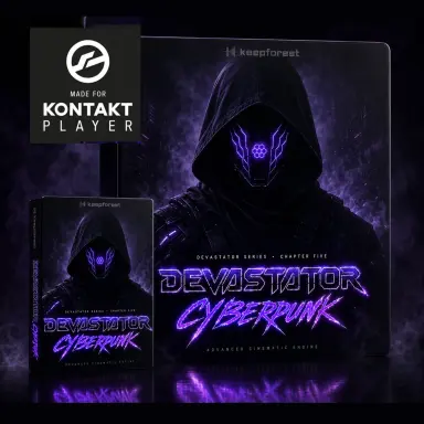 Keepforest「Devastator – Cyberpunk Pro」トレーラー級の重量感とインダストリアルな荒々しさを、Drum & Bass・Dubstep・Midtempoへ融合！4,650以上のサウンドとMorphing EngineでNeuropunkの世界を構築するシネマティック・サウンドライブラリ｜DTMプラグインセール
