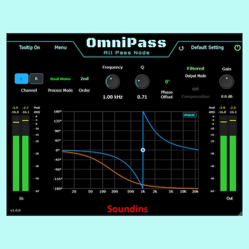 Soundins「OMNIPASS」音量や周波数バランスを変えずに位相だけを細かく調整できるAll Passフィルタープラグイン｜DTMプラグインセール