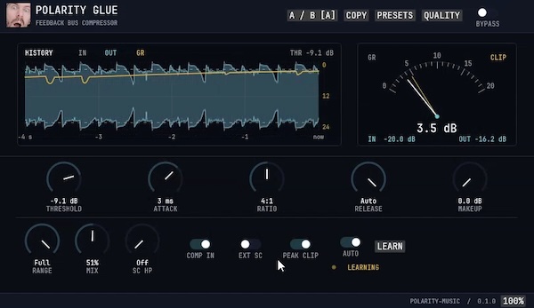 Polarity Productions「Polarity-Glue」SSLスタイルの操作感でドラムやミックス全体に自然な一体感を加えられる無料バスコンプレッサー｜DTMプラグインセール