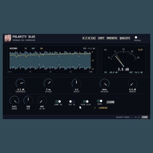 Polarity Productions「Polarity-Glue」SSLスタイルの操作感でドラムやミックス全体に自然な一体感を加えられる無料バスコンプレッサー｜DTMプラグインセール