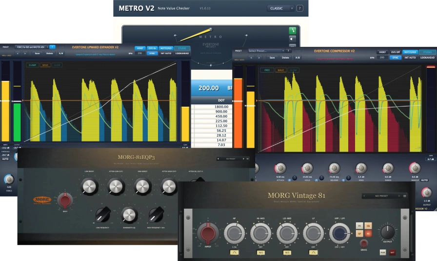 Evertone「Evertone Bundle v2」Expander v2・Compressor v2・Metro v2・MORG Vintage 81・MORG-81 EQP3を収録!物理演算を採用したダイナミクスプラグインとビンテージEQをまとめて使える高機能プラグインバンドル|DTMプラグインセール