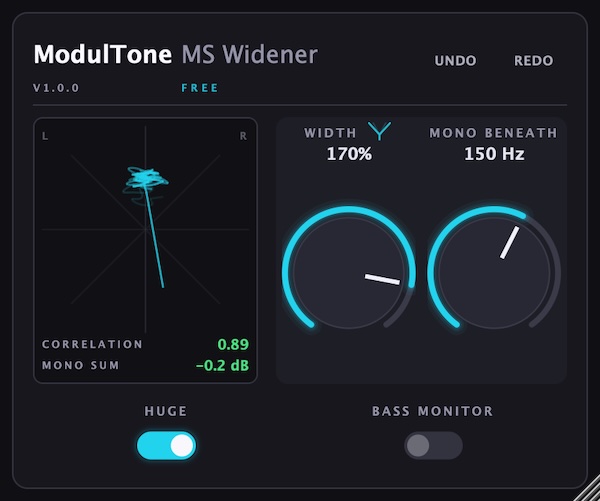 ModulTone「MS Widener」低域をモノラルに保ちながら高域だけに自然なステレオの広がりを加えられる無料ステレオワイドナー｜DTMプラグインセール