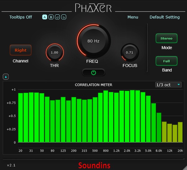 Soundins「PhaXer」ステレオ音源の左右チャンネルに発生した位相のズレを周波数ごとに補正し、モノラル互換性を改善できるマスタリング向けプラグイン｜DTMプラグインセール
